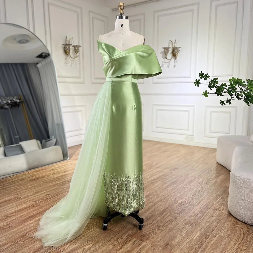 Serene Hill Sage Green Satin One-Shoulder Beaded Mermaid Tea-Length Evening Gown for Women - Wedding Party LA72194 - SERENE HILL
