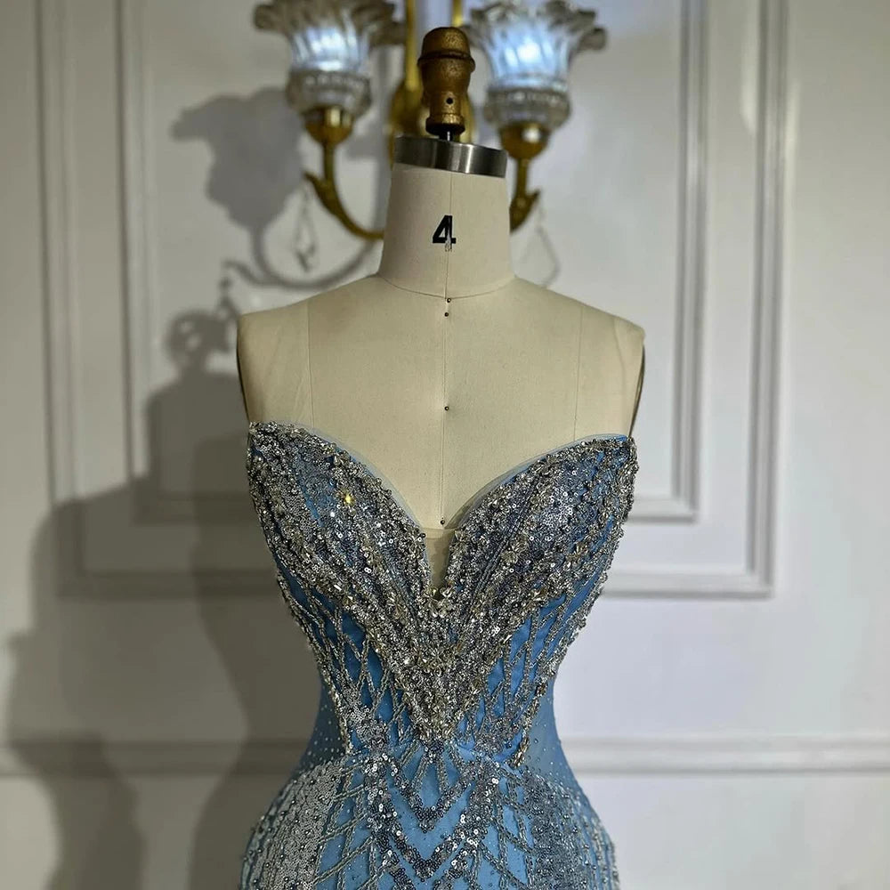 Luxury Dubai Saudi Arabic Blue Mermaid Evening Dresses Gowns Beaded For Formal Occasion LA72901 - SERENE HILL