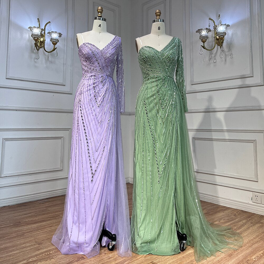 Serene Hill Sexy One Shoulder Split Mint Mermaid Beaded Arabic Evening Dresses Gowns For Woman Wedding Party 2025 LA71859 - SERENE HILL