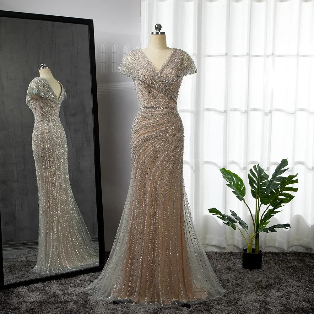 knee length dresses for ladies Serene Hill Silver Detachable Sleeves Evening Dresses Gowns 2025 Beade –  SERENE HILL main image 1