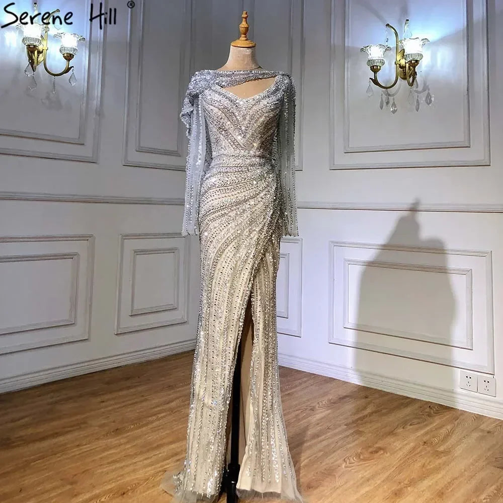 Serene Hill Silver Nude Mermaid Elegant High Spli Evening Dresses Gowns Luxury Beaded 2025 For Women Party LA70752L - SERENE HILL