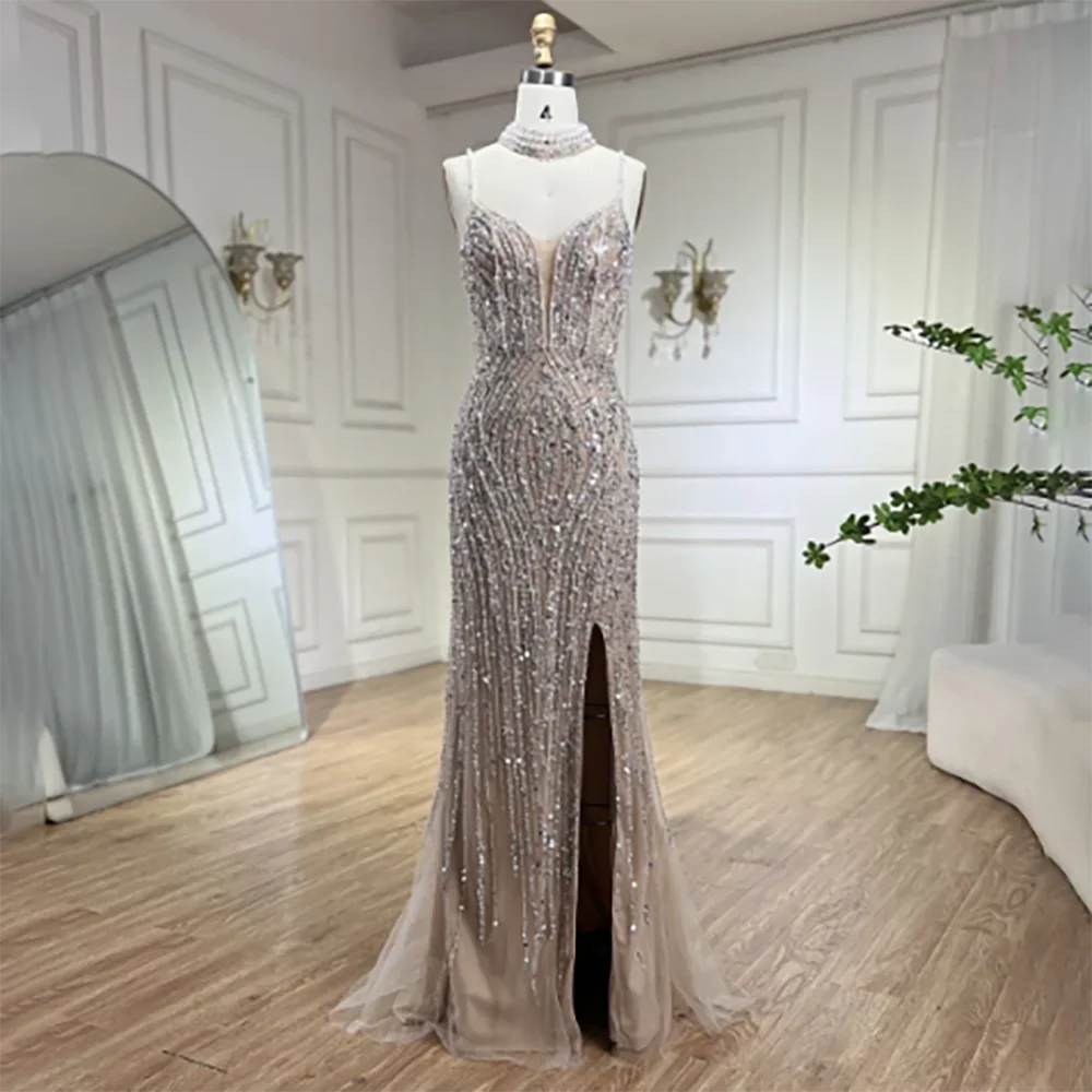 Classy Silver Nude Mermaid Spaghetti Straps Beaded Prom Dress LA72047B - SERENE HILL