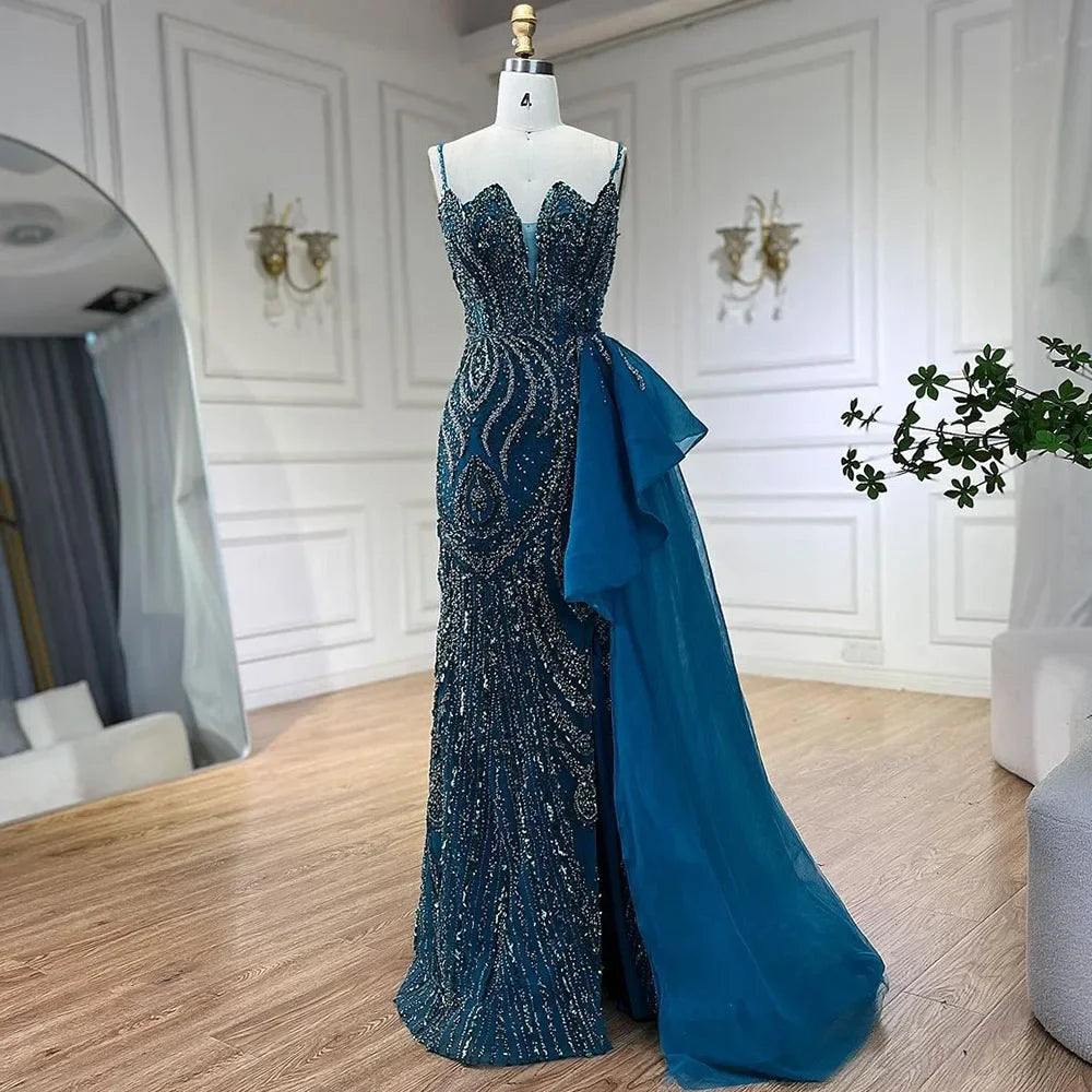 Spaghetti Straps Sage Green Mermaid Evening Dress with Overskirt LA72378 - SERENE HILL