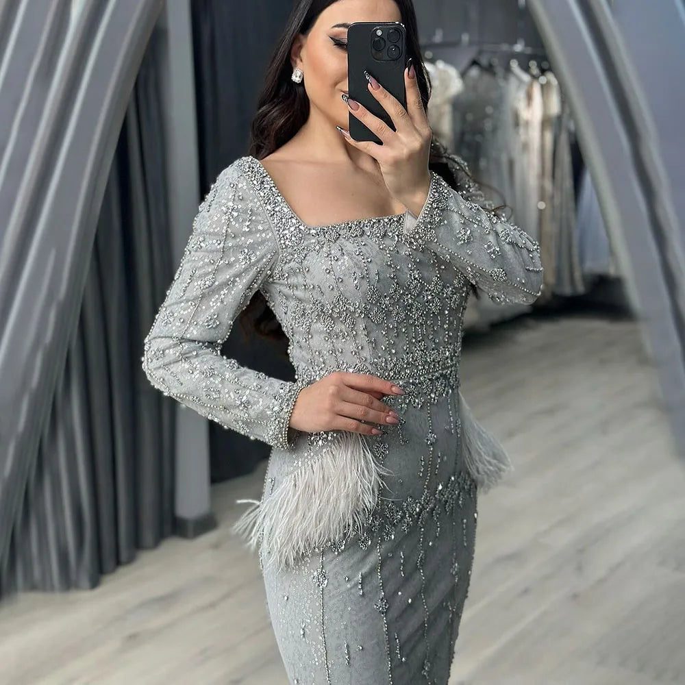 Silver Gray Mermaid Tea Length Evening Dress with Feathers LA71669L - SERENE HILL