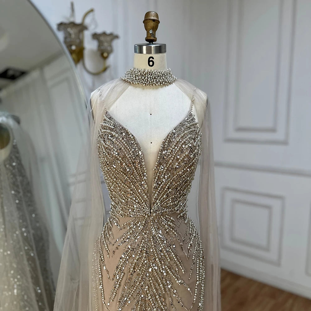 Luxury Dubai Spaghetti Strap Long Cloak Mermaid Caramel Beaded Luxury Evening Dresses Gowns for Women&