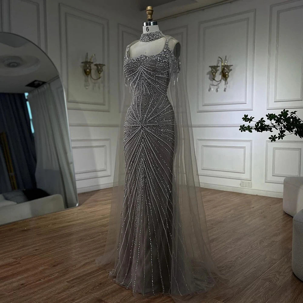 Luxury Tassel Champagne Mermaid Evening Dress with Cape LA72587 - SERENE HILL