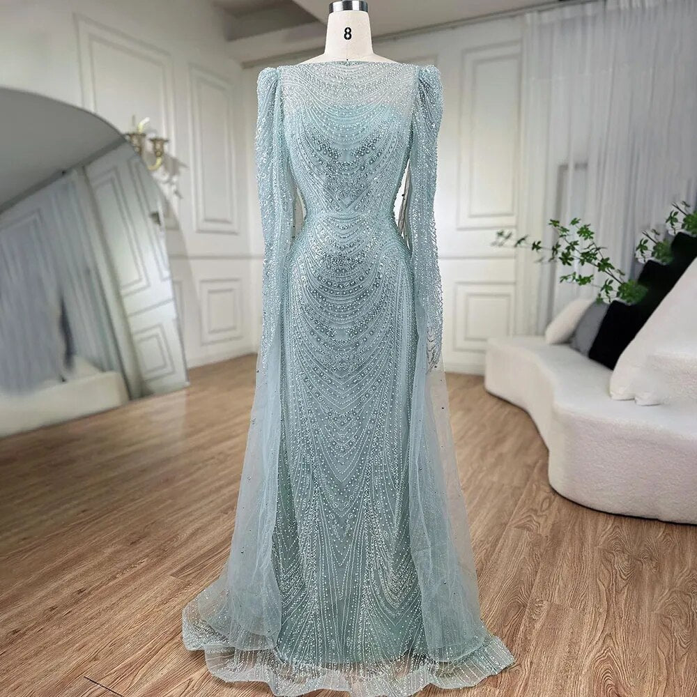 Serene Hill Turquoise Cape Sleeves Luxury Beaded Mermaid Arabic Evening Dresses Gowns For Women Wedding Party 2025 LA72185 - SERENE HILL