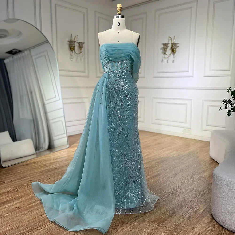 Serene Hill Turquoise Luxury Evening Dress Side Train Pearls One Shoulder for Women's Formal Wedding Party Gowns LA72523 - Turquoise / 2 Serene Hill Turquoise Luxury Evening Dress Side Train Pearls One Shoulder for Women's Formal Wedding Party Gowns LA72523 - Turquoise / 2