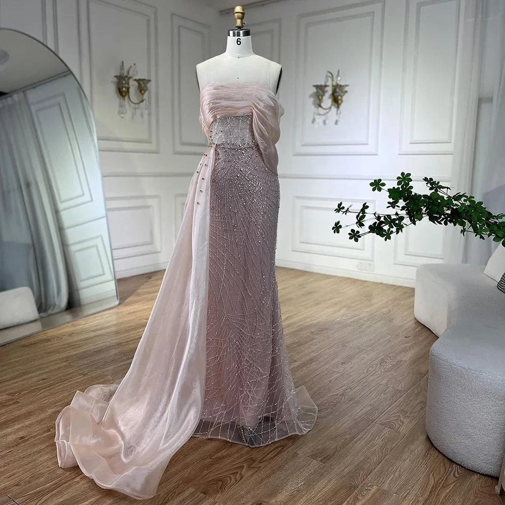 Serene Hill Turquoise Luxury Evening Dress Side Train Pearls One Shoulder for Women&