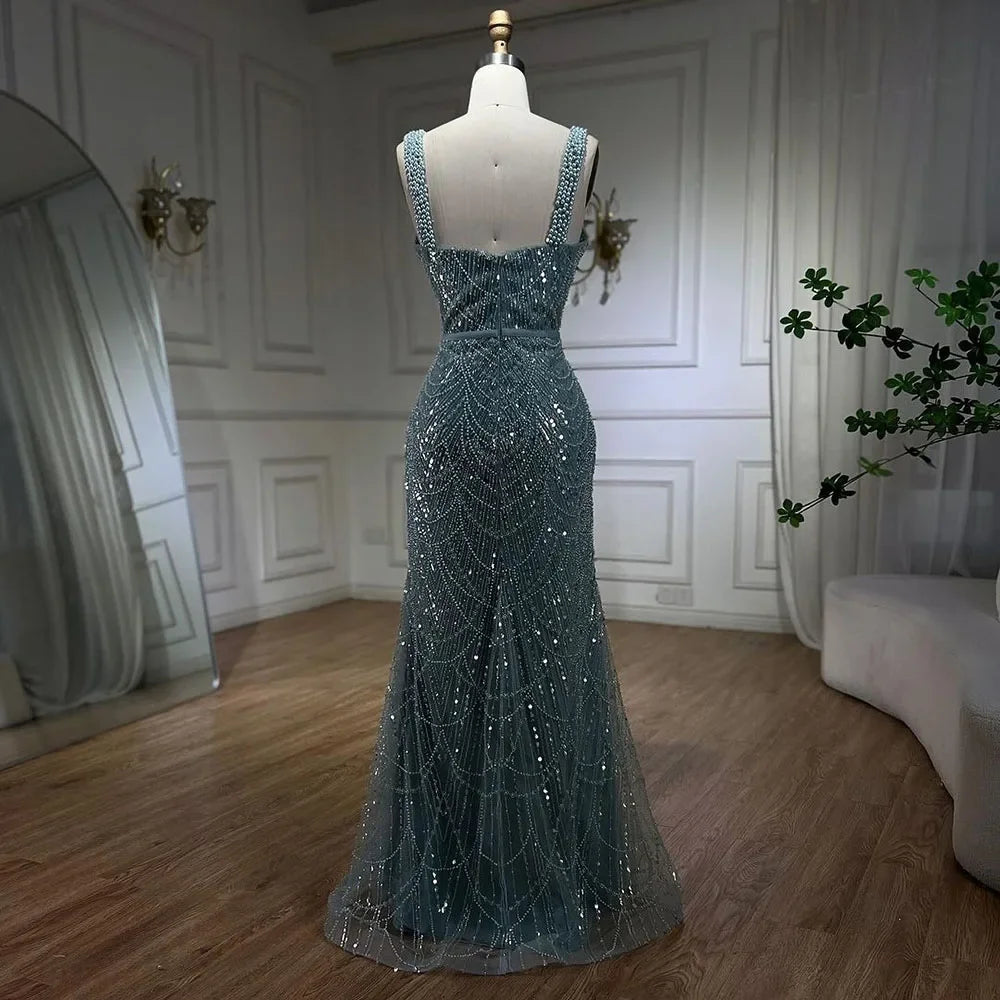 Serene Hill Turquoise Mermaid Beaded Pearls Spaghetti Straps and Floor Length Evening Gown Party Dress for Women 2025 LA72032C - SERENE HILL