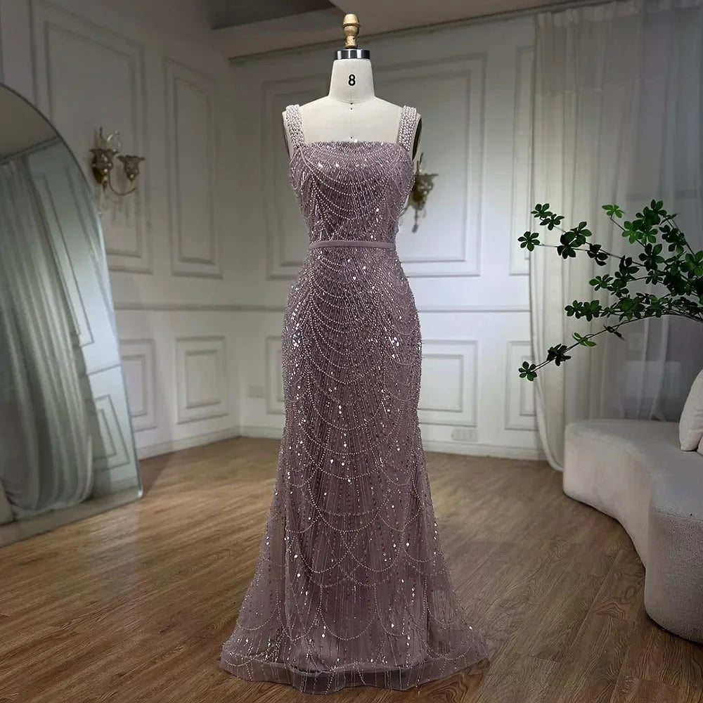 Serene Hill Turquoise Mermaid Beaded Pearls Spaghetti Straps and Floor Length Evening Gown Party Dress for Women 2025 LA72032C - SERENE HILL