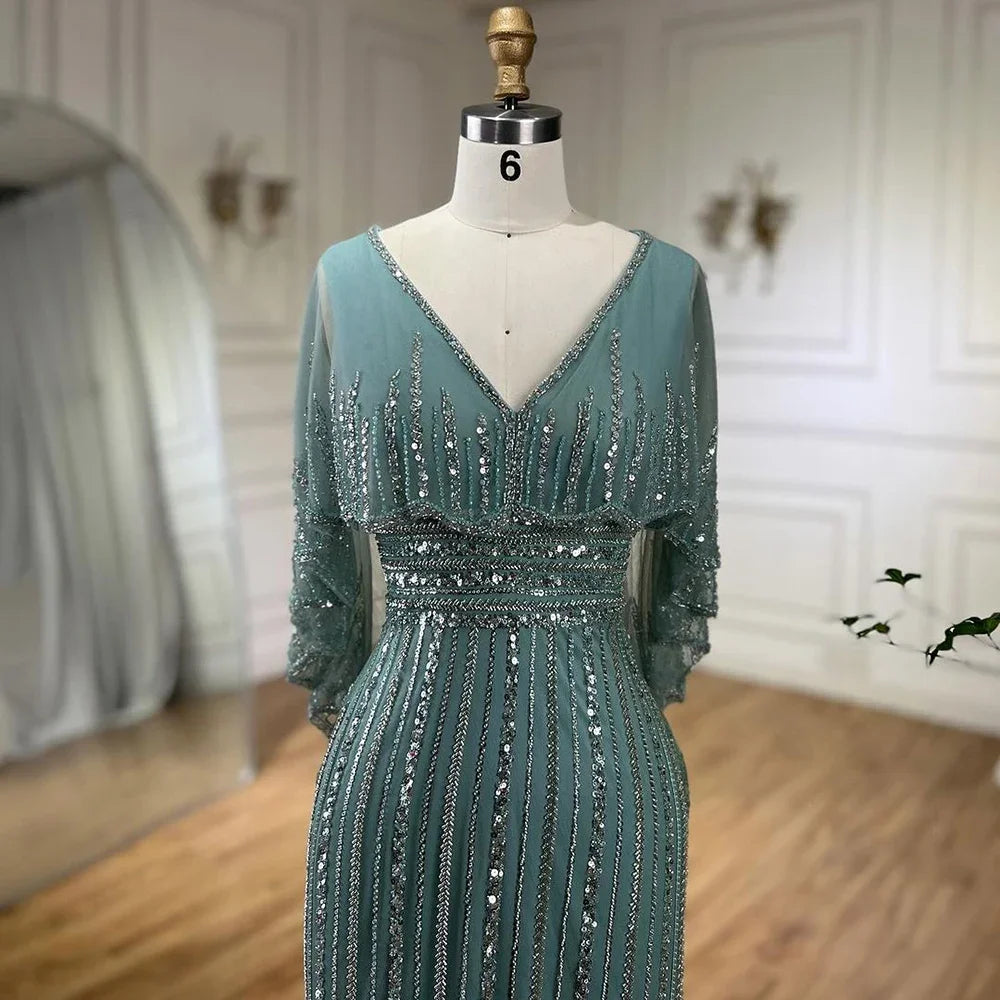 Luxury Turquoise Mermaid Evening Dress with Long Cape LA72258 - SERENE HILL