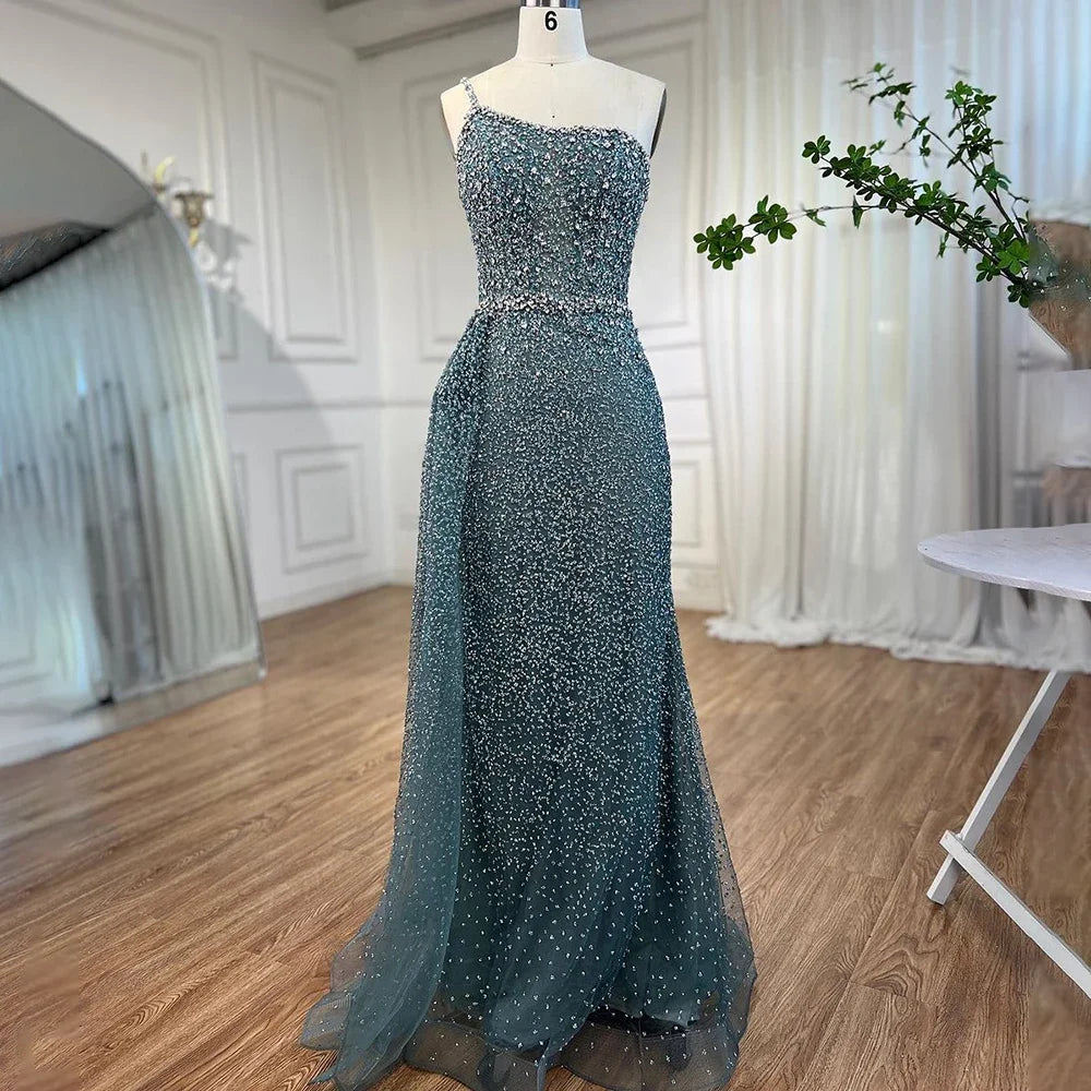 Sparkly Crystal Turquoise One Shoulder Evening Dress LA72144 Turquoise / 8