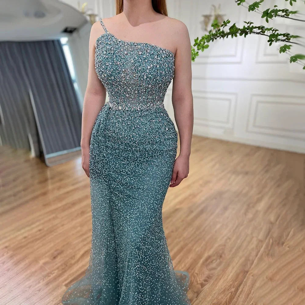 Sparkly Crystal Turquoise One Shoulder Evening Dress LA72144 - SERENE HILL