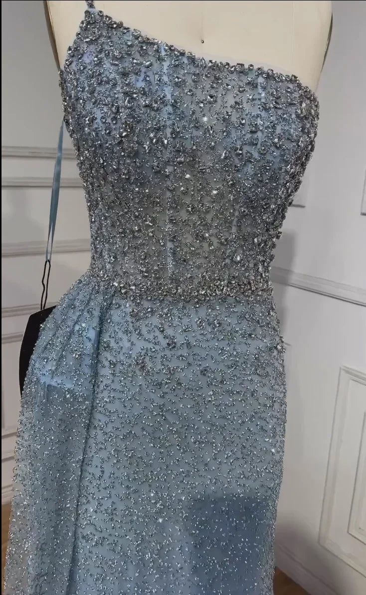 Sparkly Crystal Turquoise One Shoulder Evening Dress LA72144 - SERENE HILL