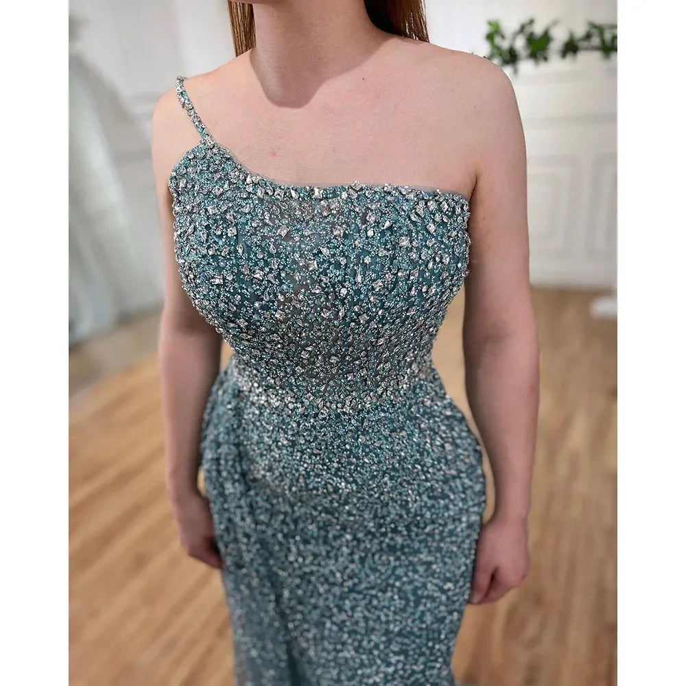 Sparkly Crystal Turquoise One Shoulder Evening Dress LA72144 - SERENE HILL