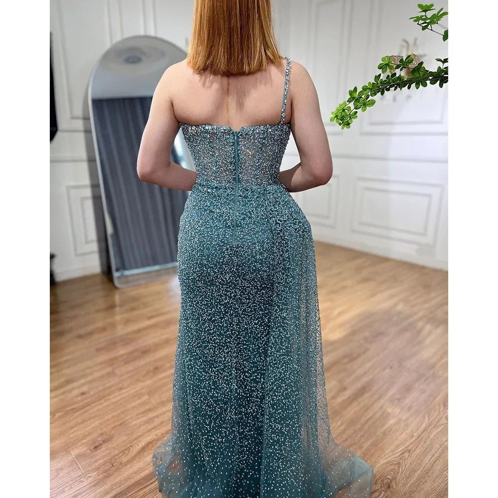 Sparkly Crystal Turquoise One Shoulder Evening Dress LA72144 - SERENE HILL