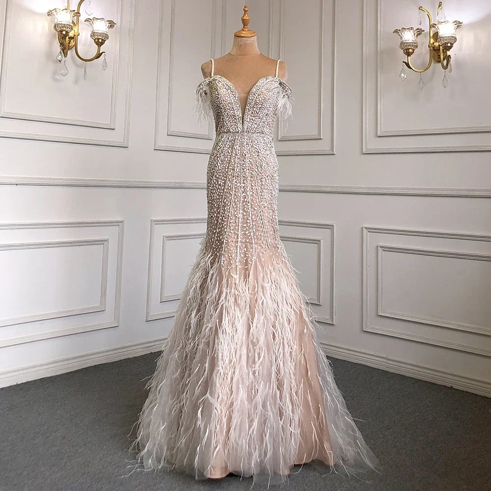Luxury Feathers White Nude Prom Evening Dresses LA71656 - SERENE HILL