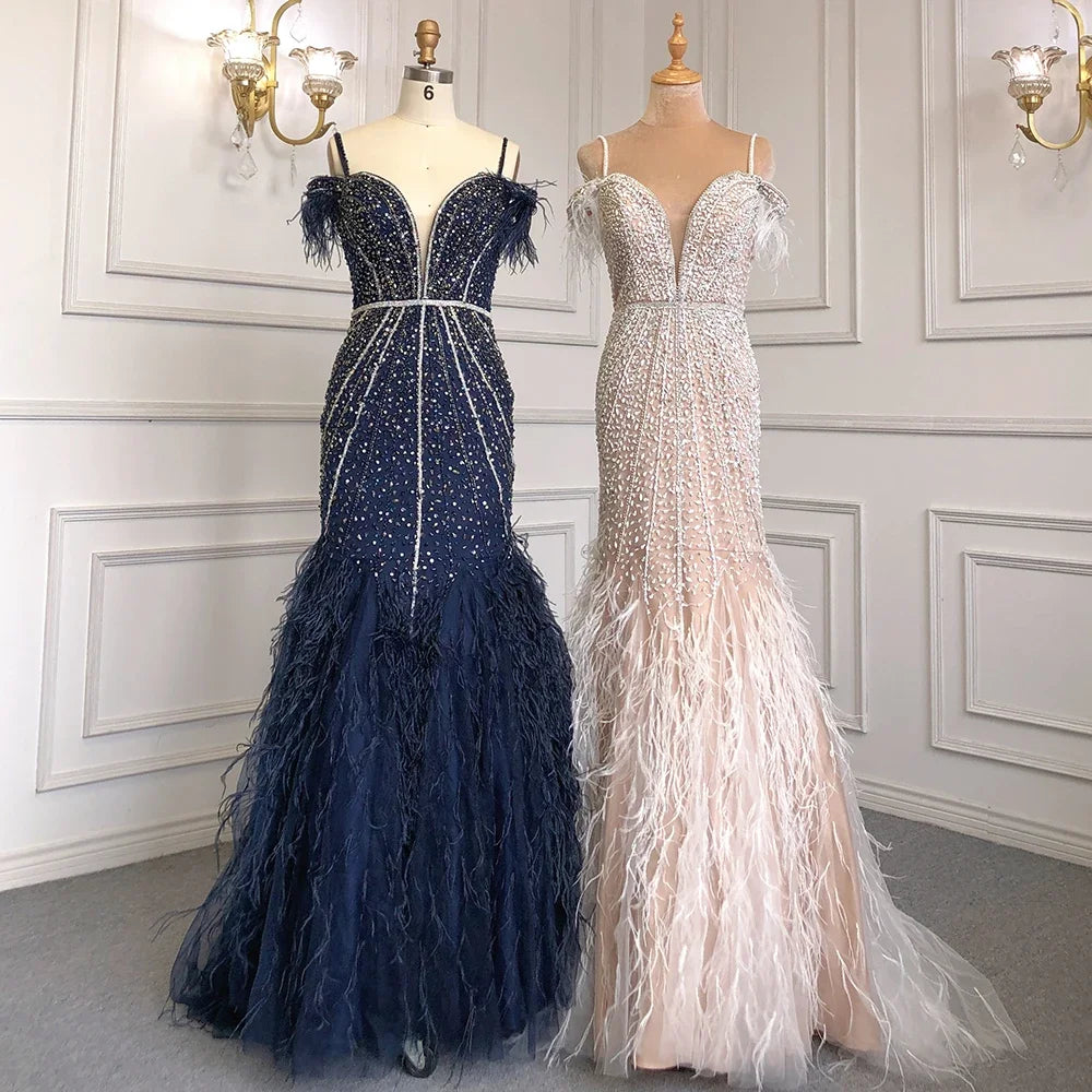 Luxury Feathers White Nude Prom Evening Dresses LA71656 - SERENE HILL