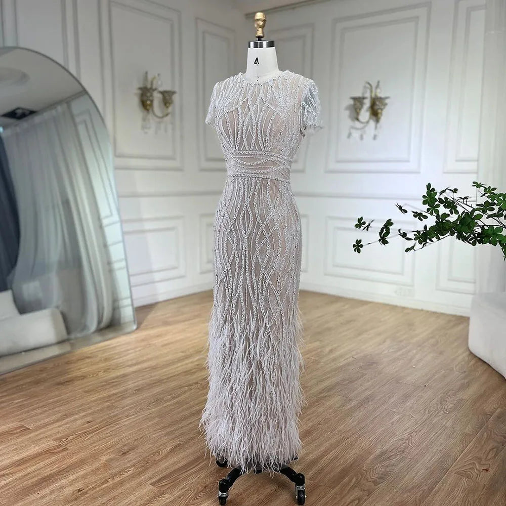 White Nude Ankle Length Beaded Evening Dress with Feathers LA72076A - SERENE HILL
