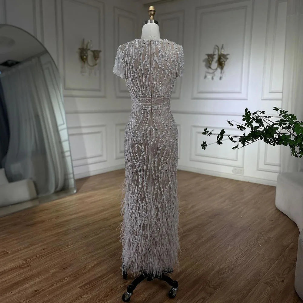 White Nude Ankle Length Beaded Evening Dress with Feathers LA72076A - SERENE HILL