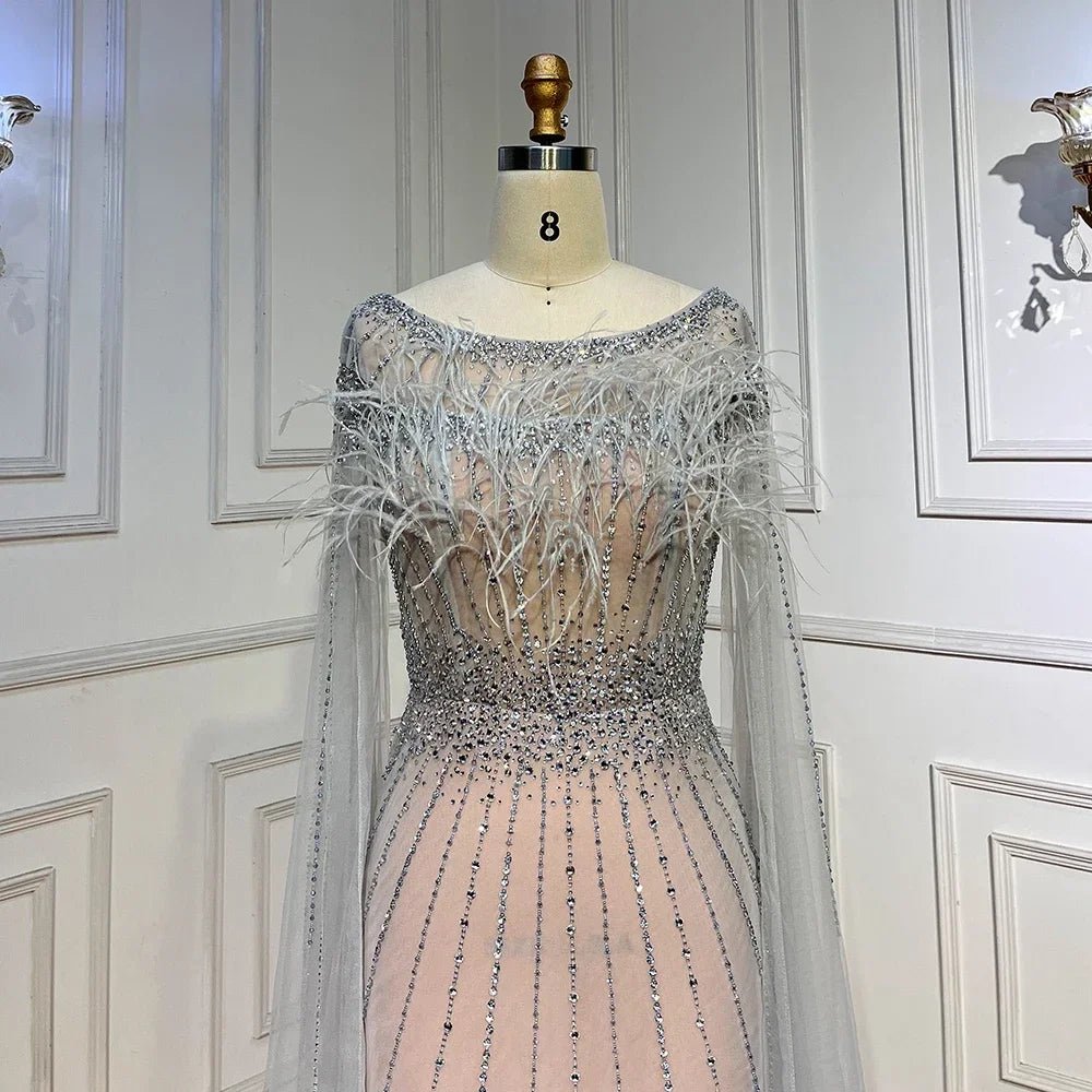 Serene Hill White Nude Elegant Mermaid Evening Dresses Gowns 2025 Feathers With Cape Sleeves Beaded For Women Party LA71724 - SERENE HILL
