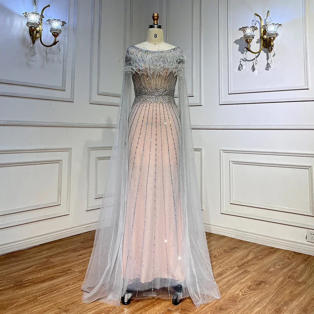 Serene Hill White Nude Elegant Mermaid Evening Dresses Gowns 2025 Feathers With Cape Sleeves Beaded For Women Party LA71724 - SERENE HILL