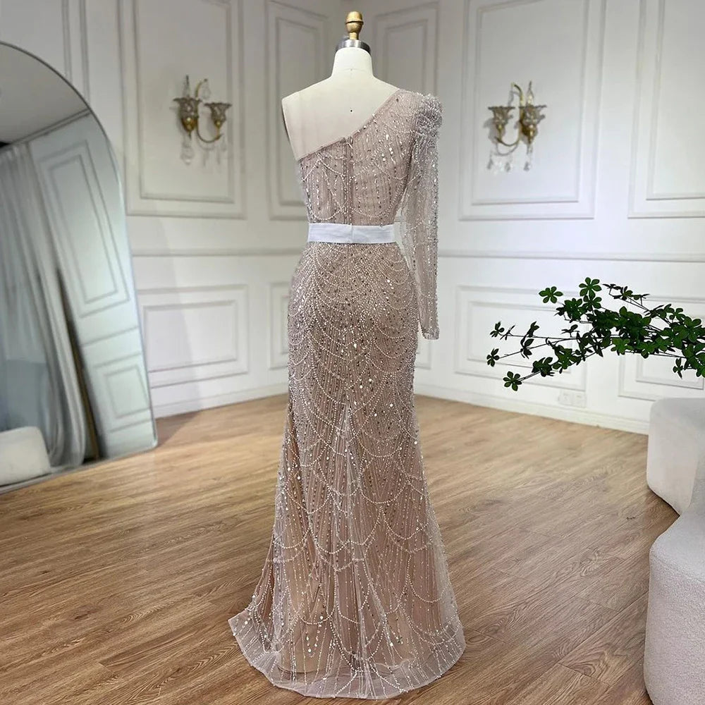 Serene Hill White Nude Mermaid One Shoulder High Split Beaded Luxury Evening Dresses Gowns For Women Wedding Party LA72269 - SERENE HILL