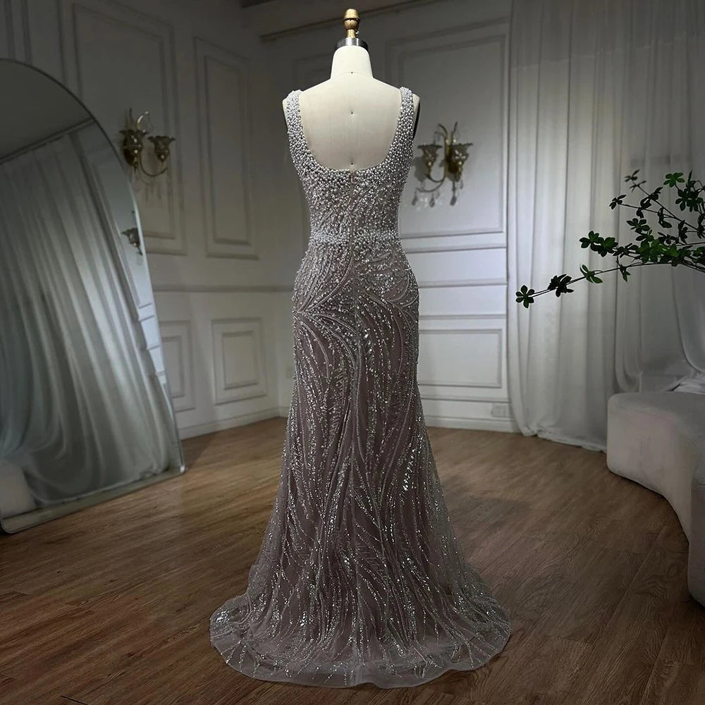 Luxury White Nude Pearl Beaded Mermaid Evening Dress LA72266 - SERENE HILL