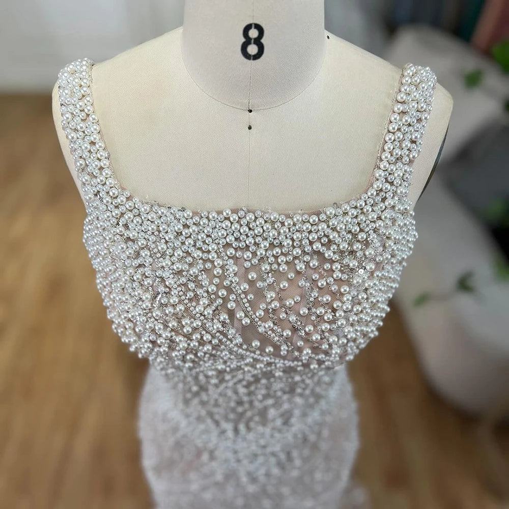 Luxury White Nude Pearl Beaded Mermaid Evening Dress LA72266 - SERENE HILL