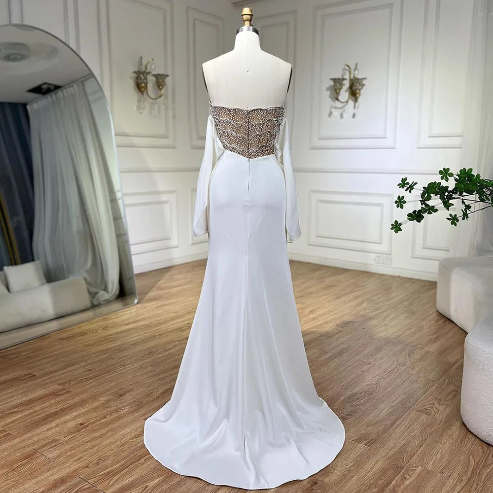 Luxury Dubai Mermaid White Evening Dress Sexy Scalloped LA72293 - SERENE HILL