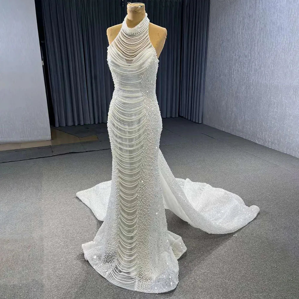 Serene Hill White champagne Mermaid Lace Up Luxury Pearls Beaded Bride Gowns Wedding Dress 2025 High End Custom Made HM231033 - SERENE HILL