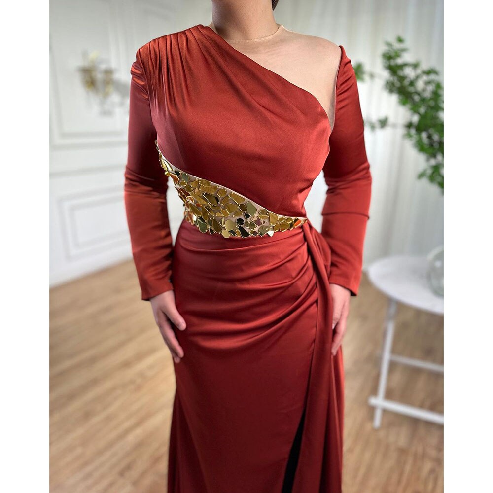 Serene Hill Wine Red Mermaid High Split Satin Evening Dresses Gowns 2025 Elegant O Neck For Women Party LA71285A - SERENE HILL