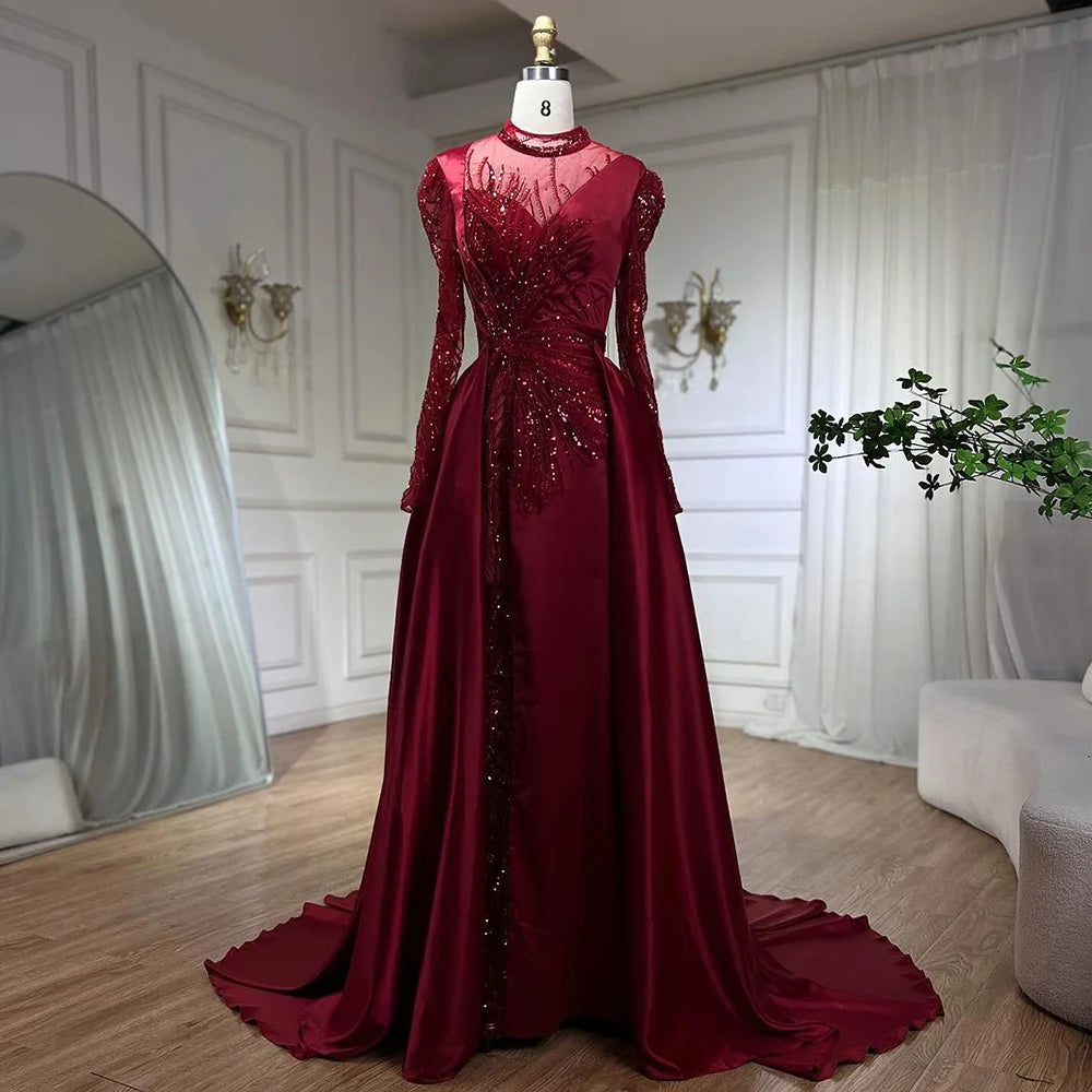 Serene Hill Wine Red Mermaid Luxury Lace Beaded Satin Evening Dresses Dubai Formal Gowns 2025 For Woman Wedding Party LA72202 - SERENE HILL