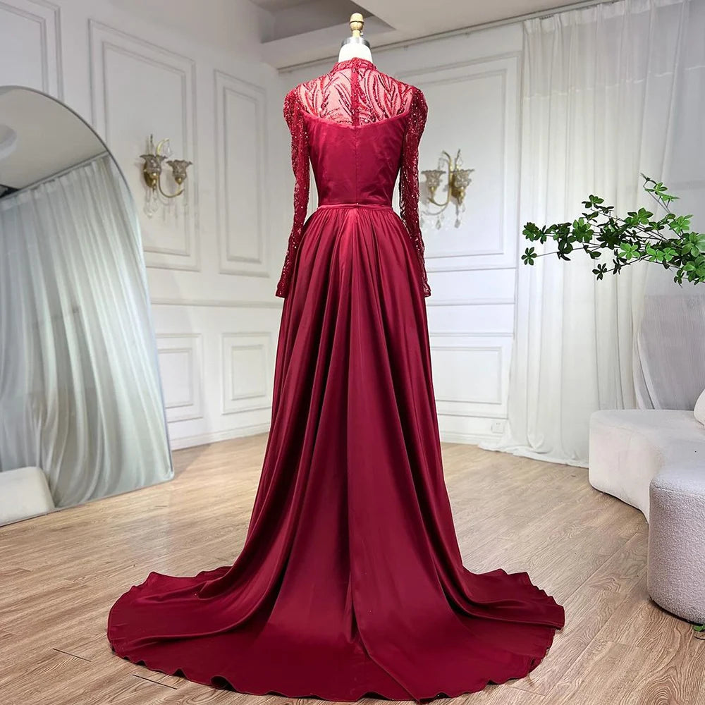 Serene Hill Wine Red Mermaid Luxury Lace Beaded Satin Evening Dresses Dubai Formal Gowns 2025 For Woman Wedding Party LA72202 - SERENE HILL