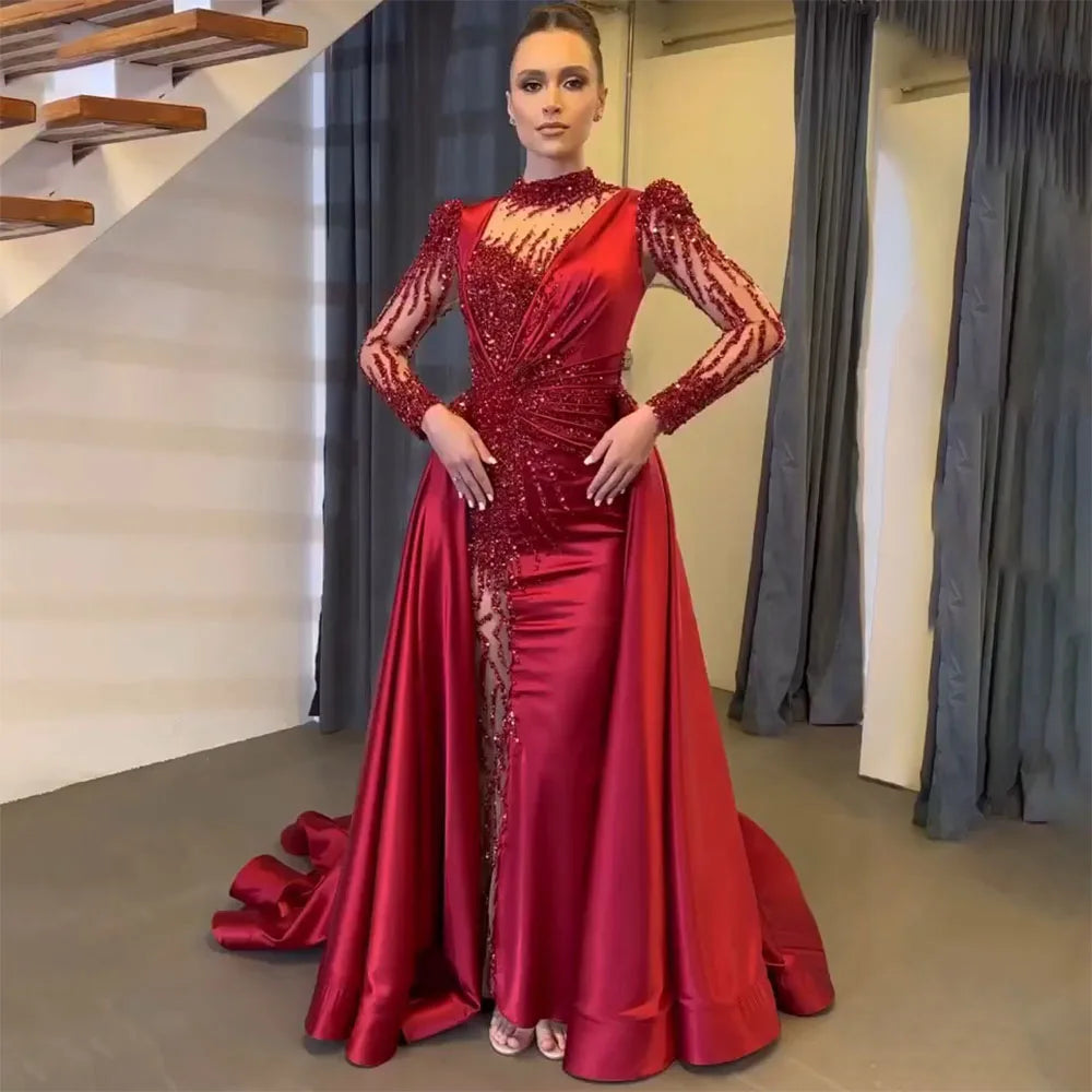 Serene Hill Wine Red Mermaid Luxury Lace Beaded Satin Evening Dresses Dubai Formal Gowns 2025 For Woman Wedding Party LA72202 - SERENE HILL