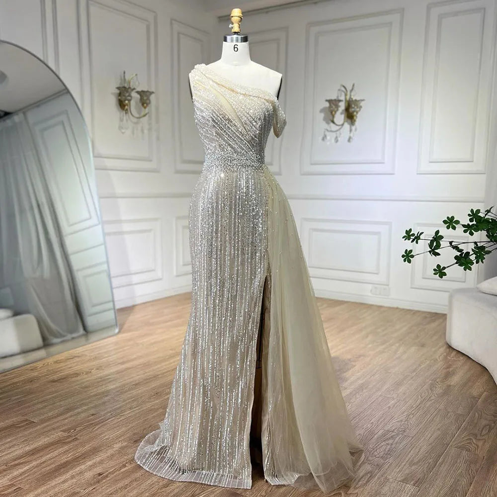 Serene Hill Yellow One Shoulder Black High Split Mermaid Beaded Evening Dresses Gowns for Women Wedding Party 2025 LA72424 - SERENE HILL