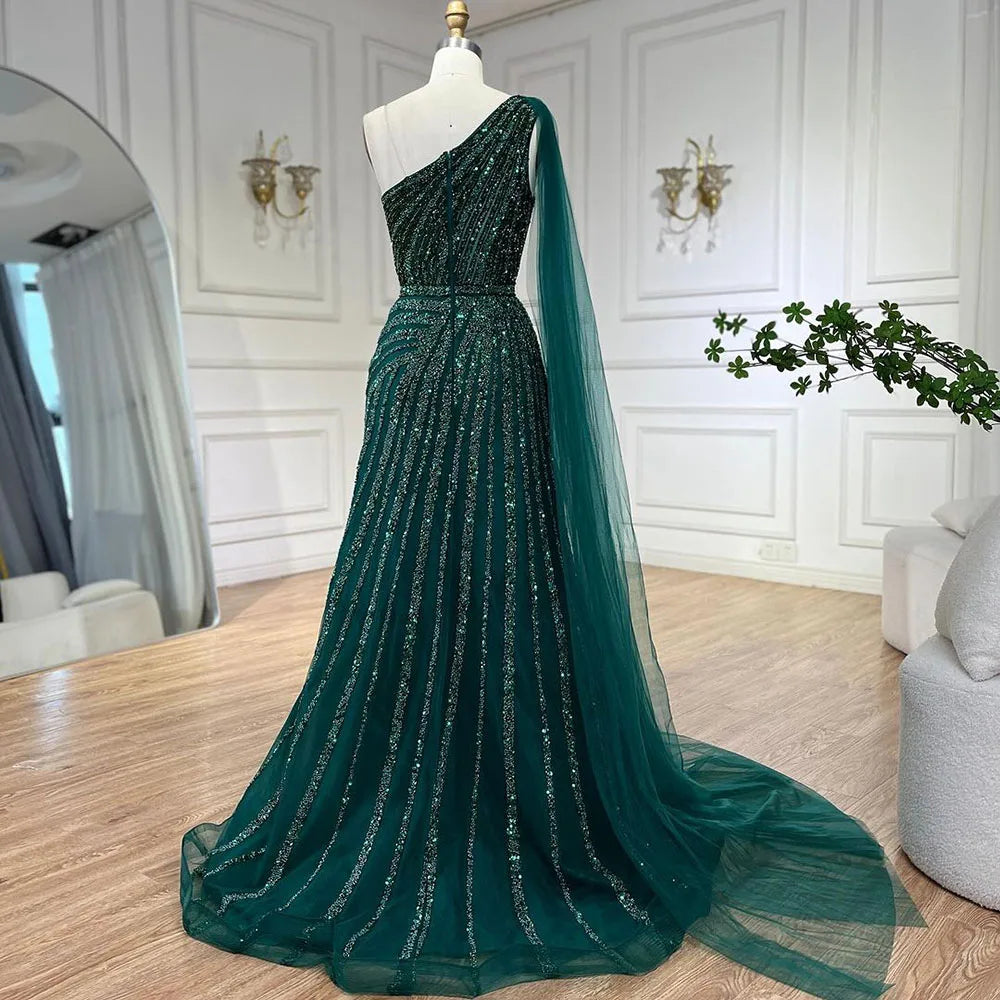 Green One Shoulder Evening Dress with Cape for Wedding Party LA71671 - SERENE HILL