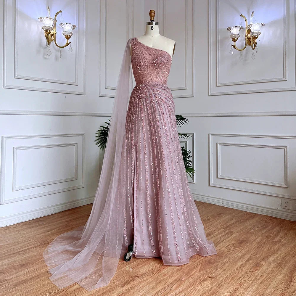 Green One Shoulder Evening Dress with Cape for Wedding Party LA71671 - SERENE HILL
