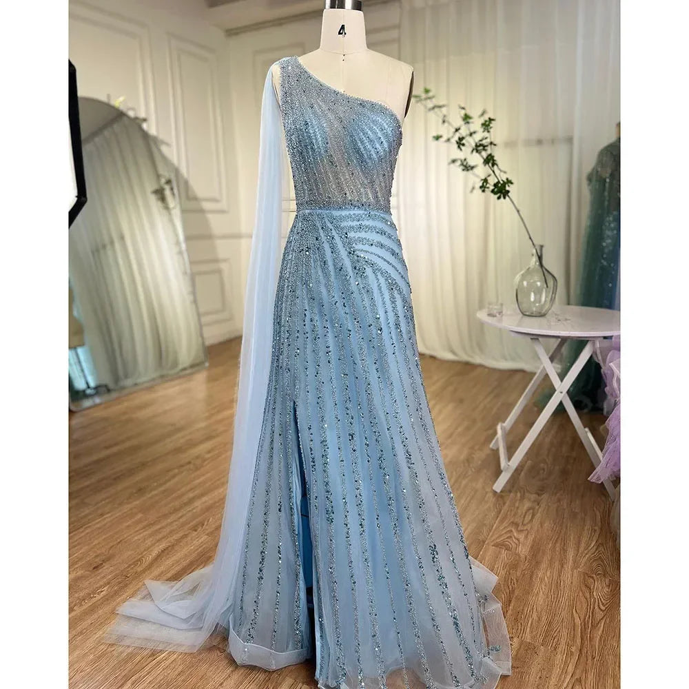 Green One Shoulder Evening Dress with Cape for Wedding Party LA71671 - SERENE HILL