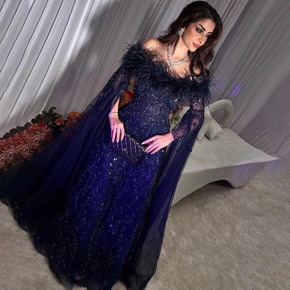 Off Shoulder Feathers Brown Evening Dress with Cape Sleeves LA72401 - SERENE HILL