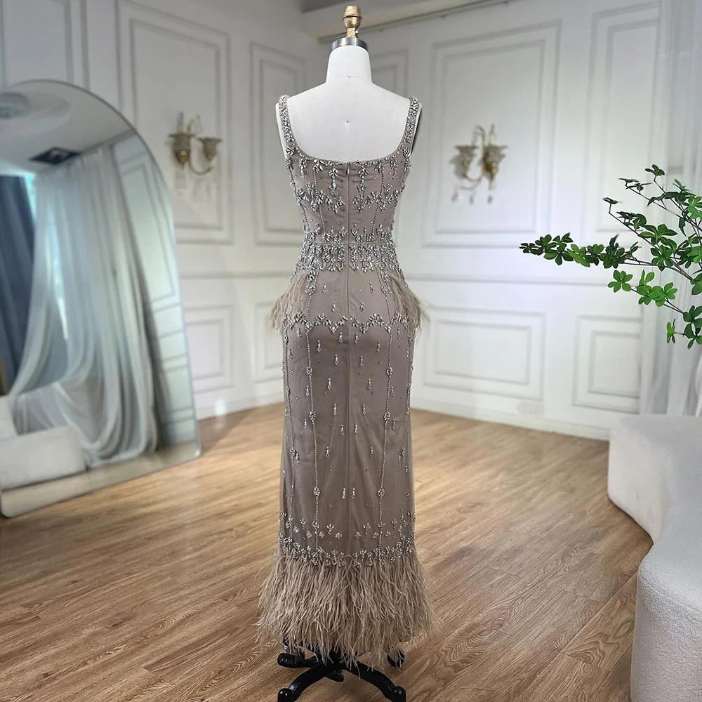 Luxury Caramel Beaded Mermaid Evening Dress with Feathers LA71492B - SERENE HILL