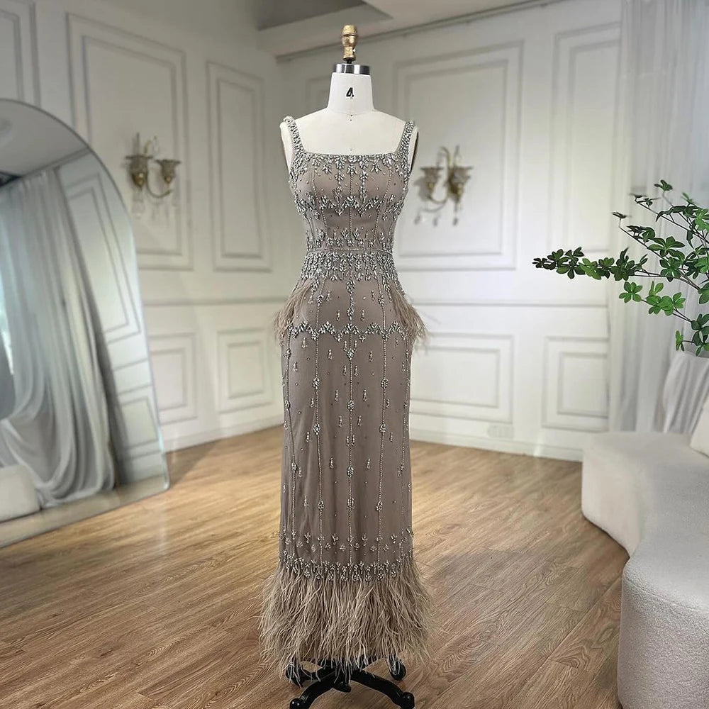 Luxury Caramel Beaded Mermaid Evening Dress with Feathers LA71492B - SERENE HILL