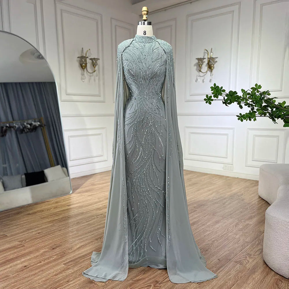 Modest Muslim Sage Green Evening Dress with Cape Long Sleeves LA72413A - SERENE HILL