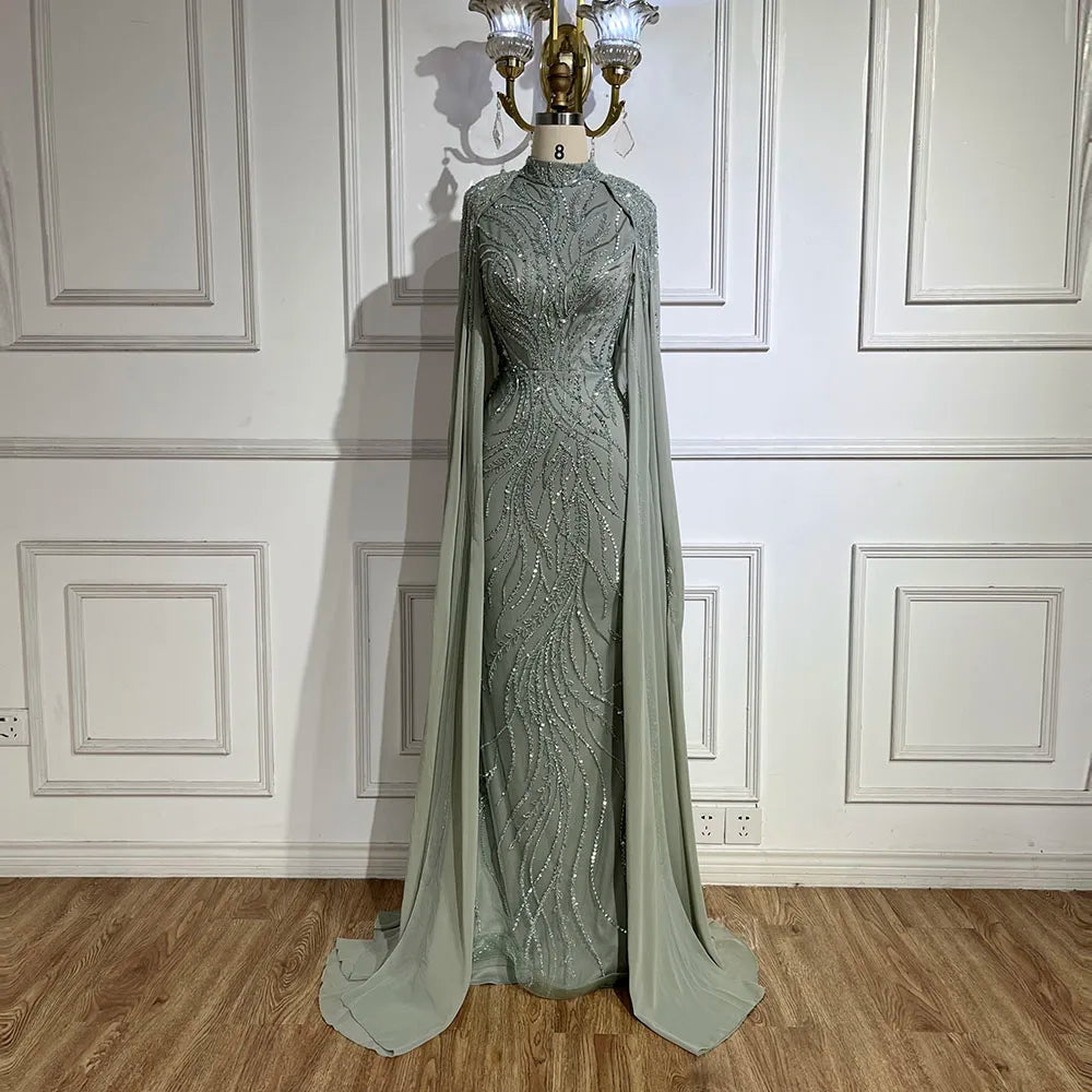 Modest Muslim Sage Green Evening Dress with Cape Long Sleeves LA72413A - SERENE HILL