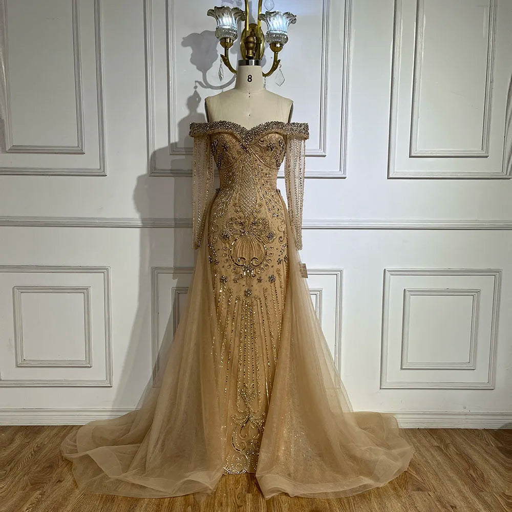 Nude Elegant Beaded Mermaid Evening Dress with Overskirt LA72397 - SERENE HILL