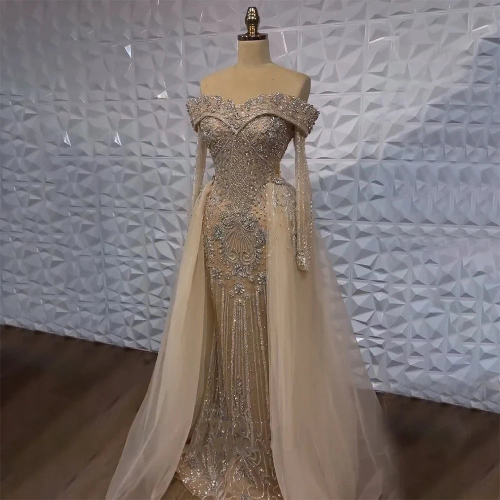 Nude Elegant Beaded Mermaid Evening Dress with Overskirt LA72397 - SERENE HILL