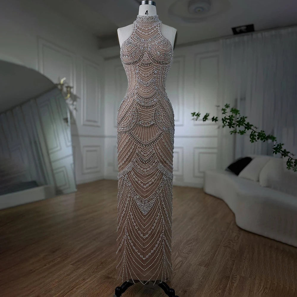 Serene Hill silver nude Halter Sleeveless Pearls Beaded Mermaid Evening Gowns 2025 Elegant Party Dresses for Women LA72091 - SERENE HILL