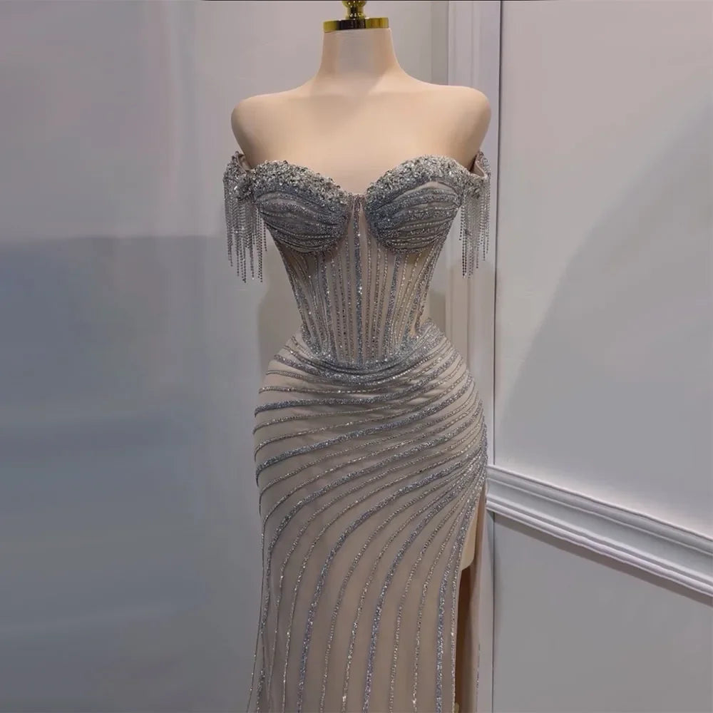 Silver Nude Beaded Tassel Boat Neck Mermaid Evening Dress with Split LA72391 - SERENE HILL