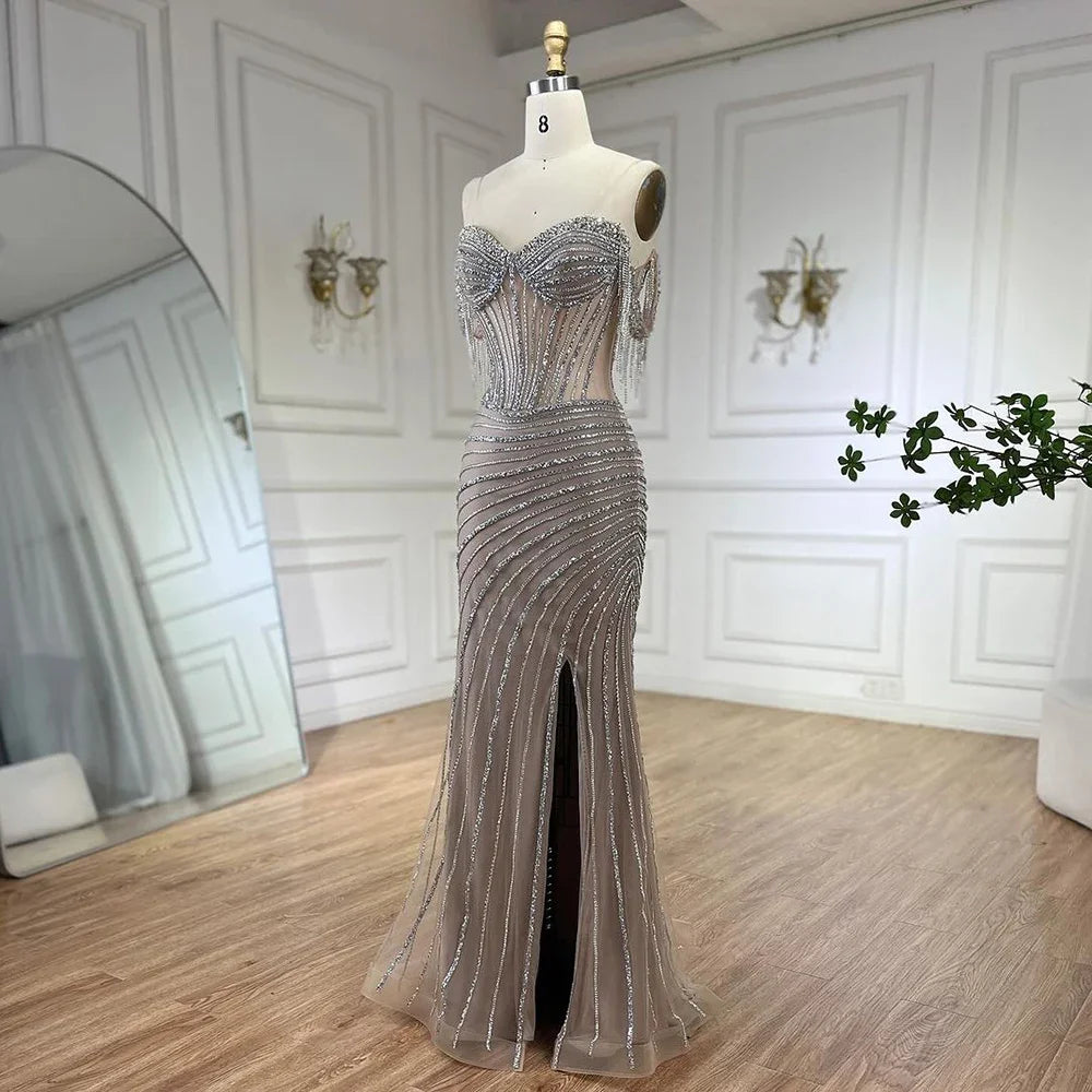 Silver Nude Beaded Tassel Boat Neck Mermaid Evening Dress with Split LA72391 - SERENE HILL